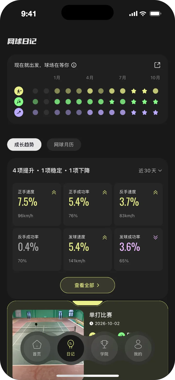网球日记顶部的全年热力格和成长趋势