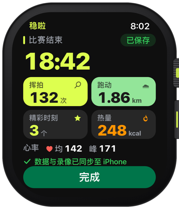 手表上的比赛总结:时长、挥拍、跑动、精彩时刻和心率